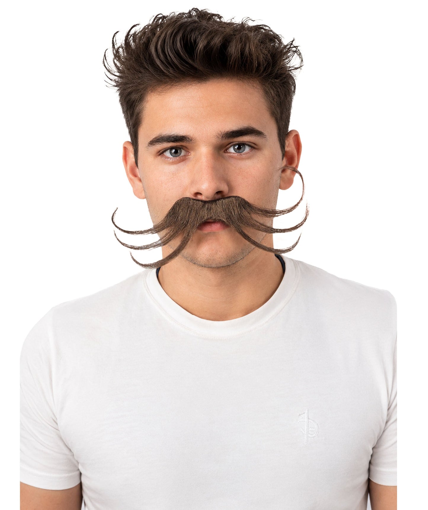 Men's Stylized Brown Curl Mustache | Light brown synthetic fibers with structured precise wire loops and adhesive backing | Essential for theatrical stage drag performance costume events and party
