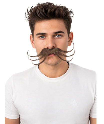 Men's Stylized Brown Curl Mustache | Light brown synthetic fibers with structured precise wire loops and adhesive backing | Essential for theatrical stage drag performance costume events and party