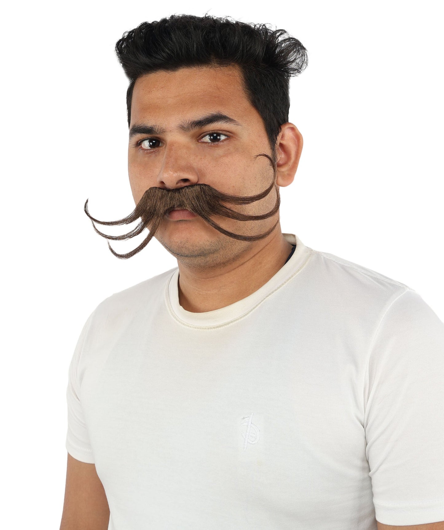 Men's Stylized Brown Curl Mustache | Light brown synthetic fibers with structured precise wire loops and adhesive backing | Essential for theatrical stage drag performance costume events and party