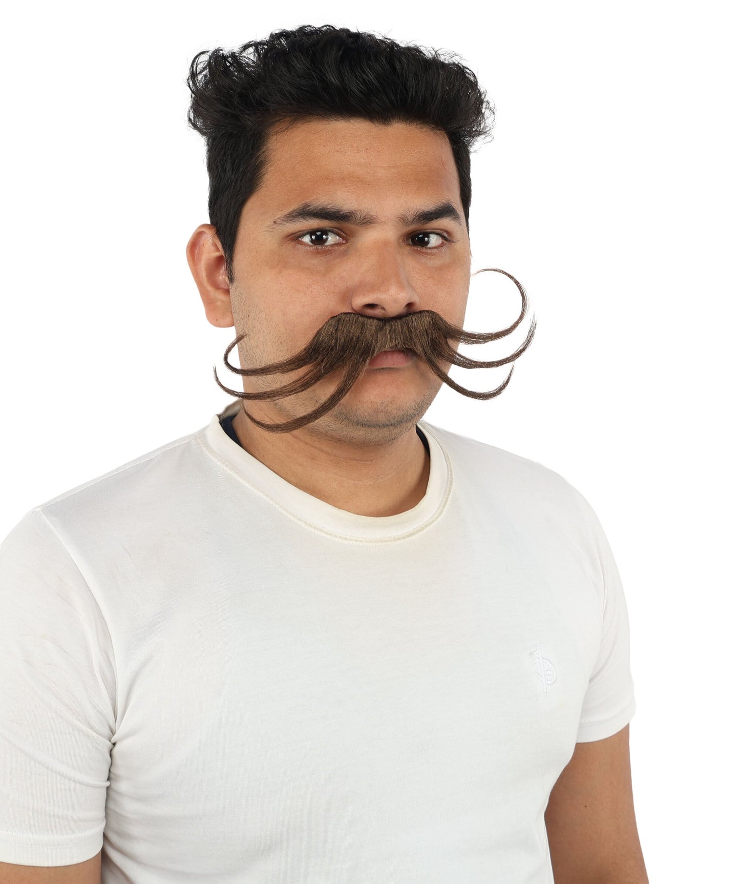 Men's Stylized Brown Curl Mustache | Light brown synthetic fibers with structured precise wire loops and adhesive backing | Essential for theatrical stage drag performance costume events and party