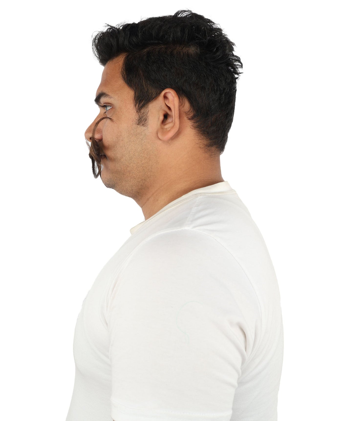 Men's Stylized Brown Curl Mustache | Light brown synthetic fibers with structured precise wire loops and adhesive backing | Essential for theatrical stage drag performance costume events and party