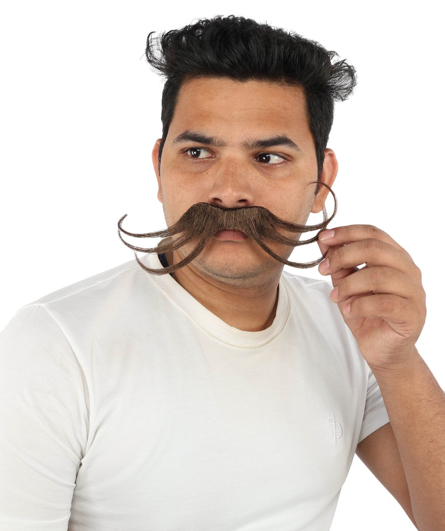 Men's Stylized Brown Curl Mustache | Light brown synthetic fibers with structured precise wire loops and adhesive backing | Essential for theatrical stage drag performance costume events and party