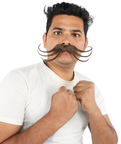 Men's Stylized Brown Curl Mustache | Light brown synthetic fibers with structured precise wire loops and adhesive backing | Essential for theatrical stage drag performance costume events and party