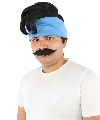 Adult Men's Medium Black Wig & Mustache Set | Flame-Retardant Synthetic Fiber With Capless Cap | Ideal For Theater, Halloween And Cosplay