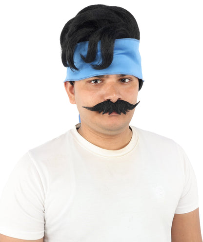 Adult Men's Medium Black Wig & Mustache Set | Flame-Retardant Synthetic Fiber With Capless Cap | Ideal For Theater, Halloween And Cosplay