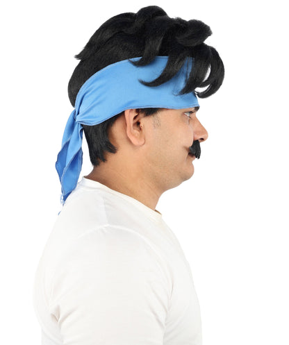 Adult Men's Medium Black Wig & Mustache Set | Flame-Retardant Synthetic Fiber With Capless Cap | Ideal For Theater, Halloween And Cosplay