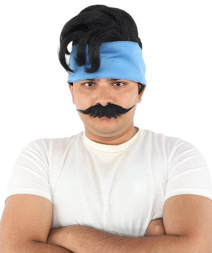 Adult Men's Medium Black Wig & Mustache Set | Flame-Retardant Synthetic Fiber With Capless Cap | Ideal For Theater, Halloween And Cosplay