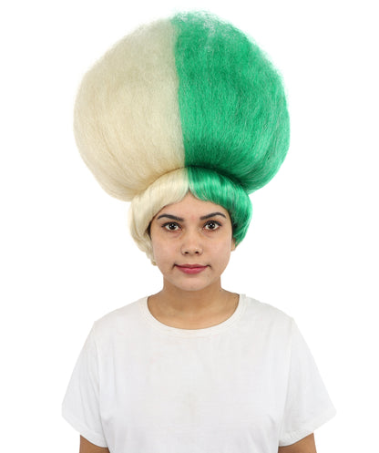 HPO Women’s Pop Diva Inspired Wig | Long Curly Hair in Green with Blonde Highlights | Theatrical Wig for Cosplay, Halloween, Stage & Fashion