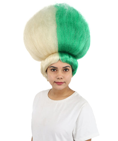 HPO Women’s Pop Diva Inspired Wig | Long Curly Hair in Green with Blonde Highlights | Theatrical Wig for Cosplay, Halloween, Stage & Fashion