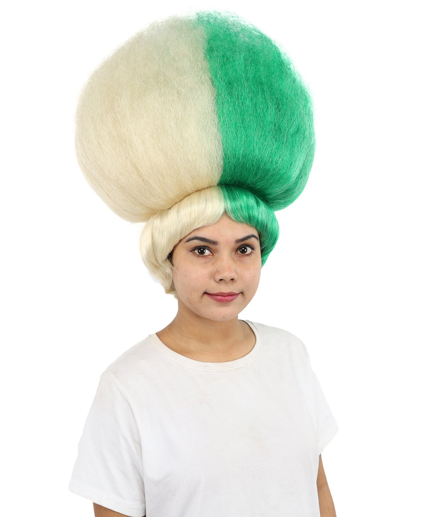 HPO Women’s Pop Diva Inspired Wig | Long Curly Hair in Green with Blonde Highlights | Theatrical Wig for Cosplay, Halloween, Stage & Fashion