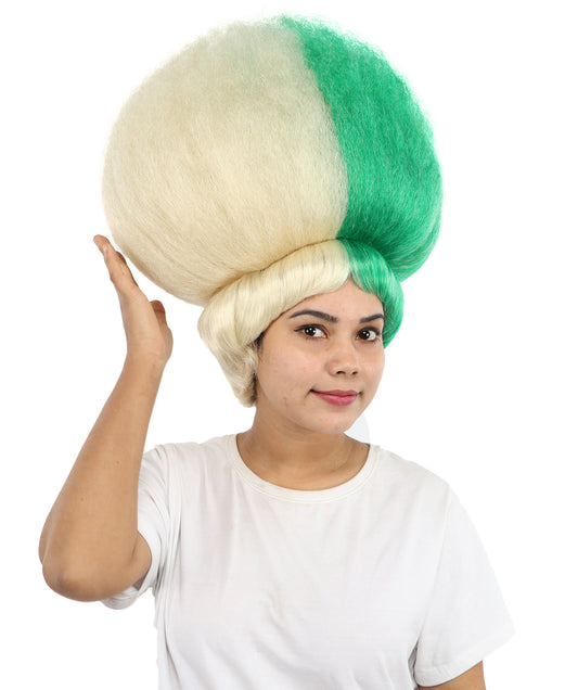 HPO Women’s Pop Diva Inspired Wig | Long Curly Hair in Green with Blonde Highlights | Theatrical Wig for Cosplay, Halloween, Stage & Fashion