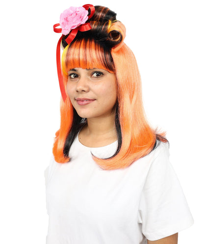 Wig for Women | Fiery Red with Yellow & Black Highlights | Long Straight Synthetic Hair | Adjustable Cap for Halloween, Cosplay & Stage
