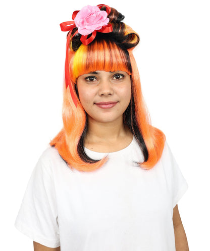 Wig for Women | Fiery Red with Yellow & Black Highlights | Long Straight Synthetic Hair | Adjustable Cap for Halloween, Cosplay & Stage