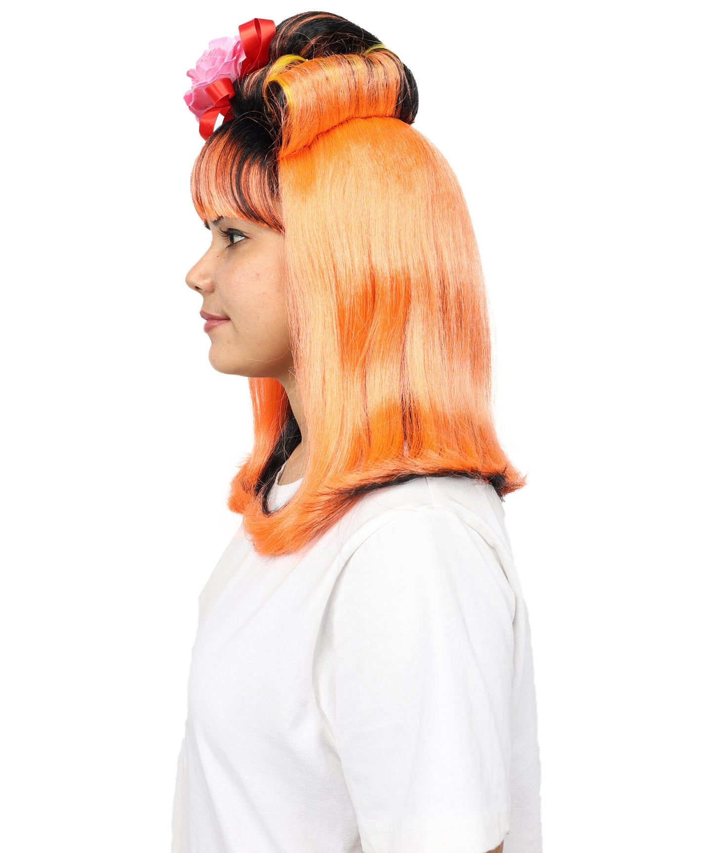 Wig for Women | Fiery Red with Yellow & Black Highlights | Long Straight Synthetic Hair | Adjustable Cap for Halloween, Cosplay & Stage