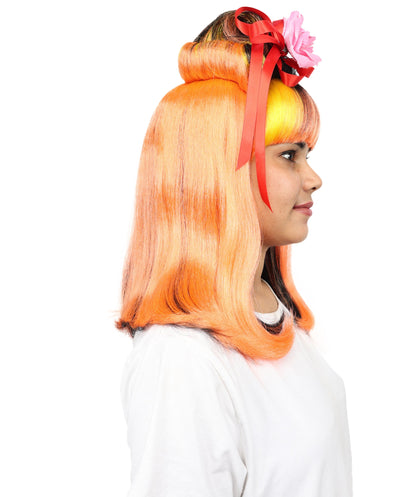 Wig for Women | Fiery Red with Yellow & Black Highlights | Long Straight Synthetic Hair | Adjustable Cap for Halloween, Cosplay & Stage