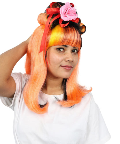 Wig for Women | Fiery Red with Yellow & Black Highlights | Long Straight Synthetic Hair | Adjustable Cap for Halloween, Cosplay & Stage