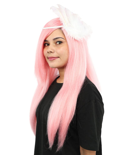 Women’s Extra Long Straight Pink Fantasy Princess Wig | Costume Wig with Wings | Ideal for Cosplay, Halloween & Parties