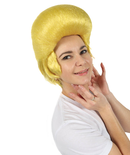 Adult Women’s Yellow Retro Beehive Wig | Voluminous Short Hairpiece with Breathable Cap | Ideal for Halloween, Cosplay & Themed Parties
