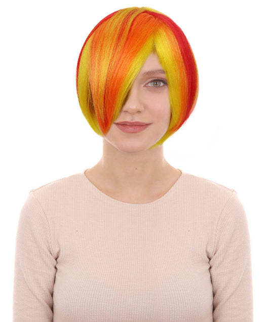 Adult Women's Neon Bob Wig | Orange And Yellow Synthetic Fiber Hair With Asymmetrical Short Cut | Ideal For Halloween, Cosplay, And Costume Parties