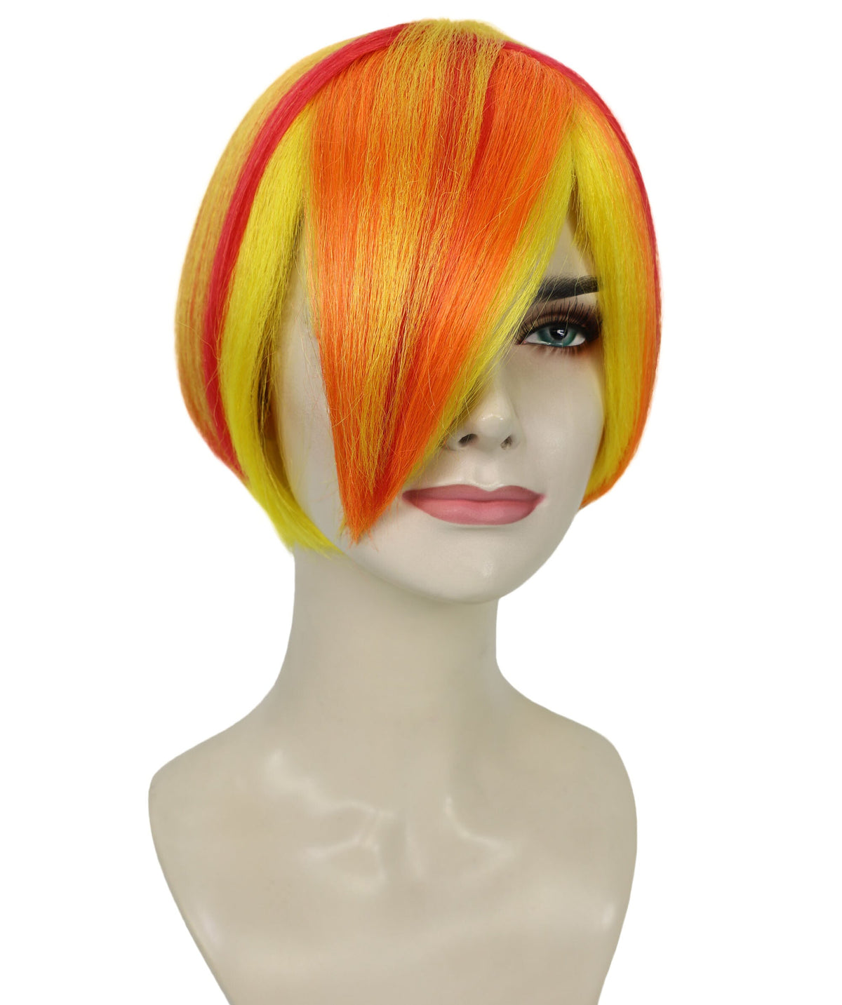 Adult Women's Neon Bob Wig | Orange And Yellow Synthetic Fiber Hair With Asymmetrical Short Cut | Ideal For Halloween, Cosplay, And Costume Parties