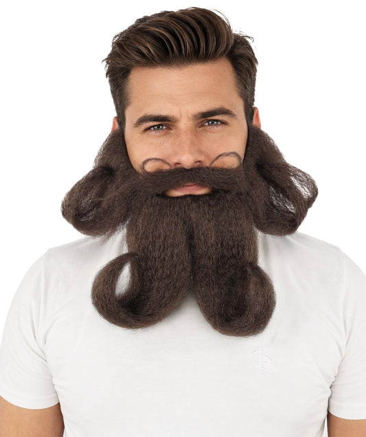 Adult Men's Curled Handlebar Mustache & Beard | Dark Mustache & Beard| Ideal for Halloween, Cosplay, Theater, Drag And Themed Parties