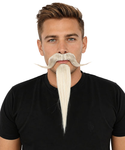 Adult Men's Curled Chin Spike Mustache Beard | White & Gray Mustache | Stage Shows, Costume Events, Cosplay, Drag And Halloween