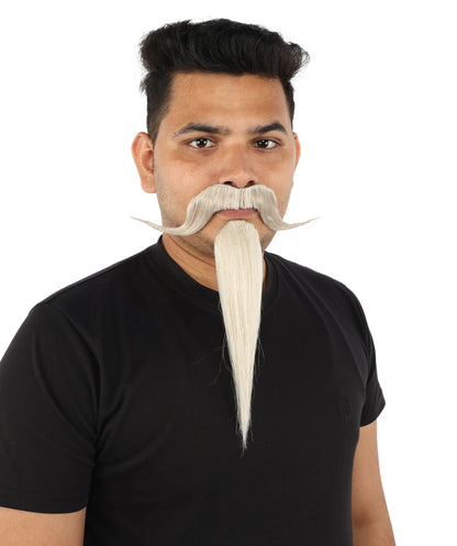 Adult Men's Curled Chin Spike Mustache Beard | White & Gray Mustache | Stage Shows, Costume Events, Cosplay, Drag And Halloween