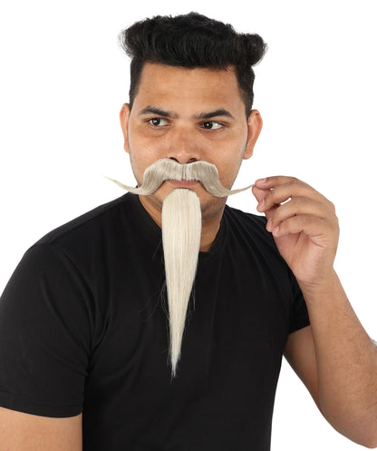 Adult Men's Curled Chin Spike Mustache Beard | White & Gray Mustache | Stage Shows, Costume Events, Cosplay, Drag And Halloween