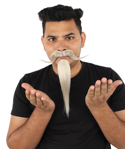 Adult Men's Curled Chin Spike Mustache Beard | White & Gray Mustache | Stage Shows, Costume Events, Cosplay, Drag And Halloween