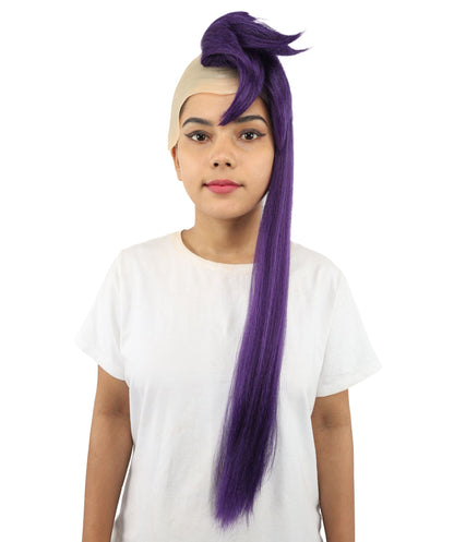 Adult Women’s Extra Long Side-Swept Straight Purple Wig | Animated Character-Inspired Hair with Bald Cap | Ideal for Halloween, Cosplay, and Themed Events