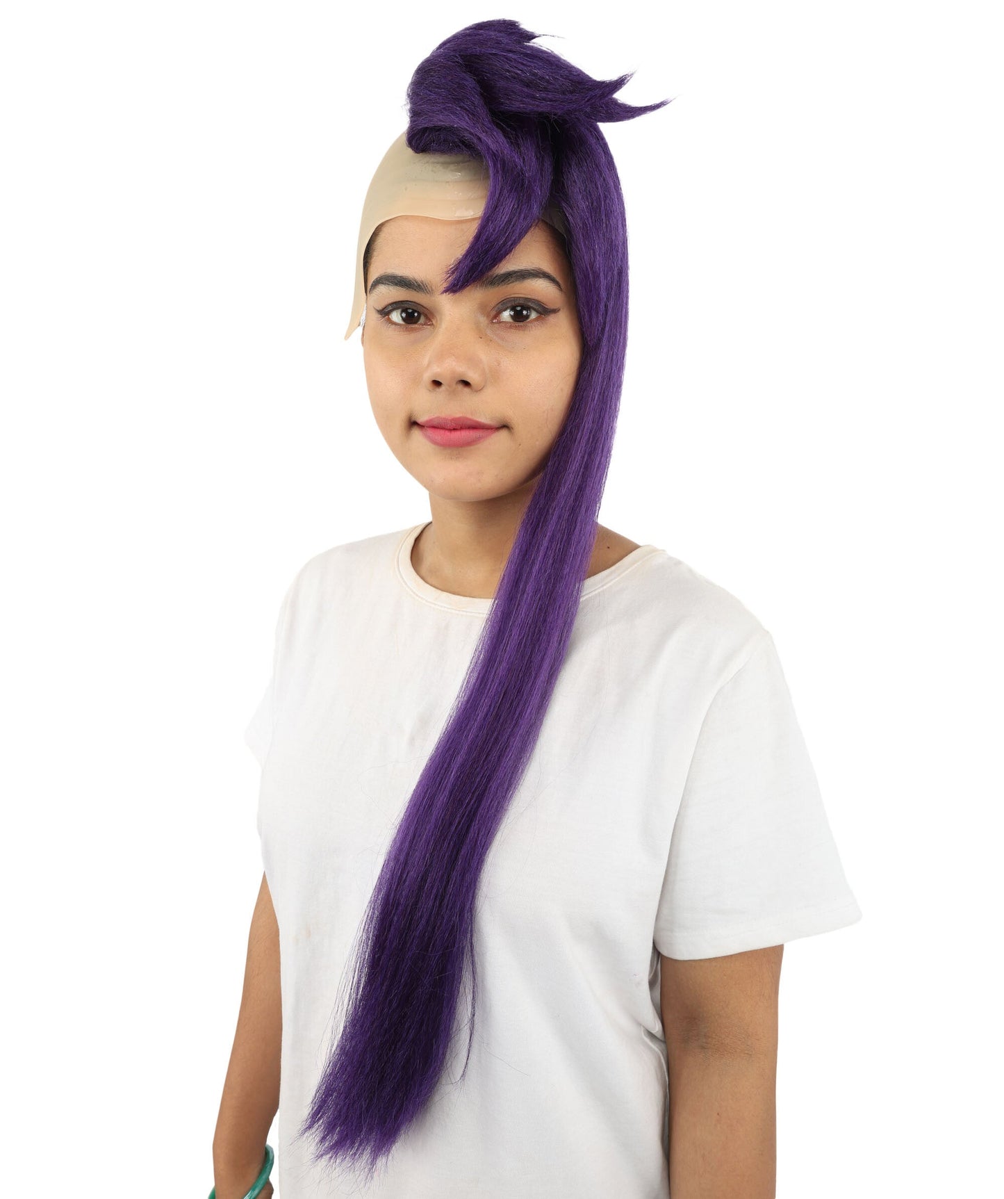 Adult Women’s Extra Long Side-Swept Straight Purple Wig | Animated Character-Inspired Hair with Bald Cap | Ideal for Halloween, Cosplay, and Themed Events