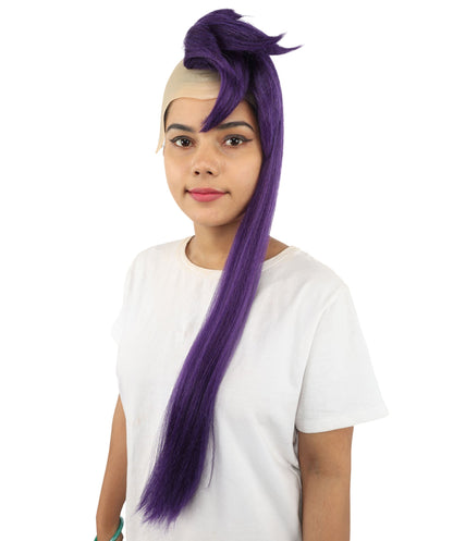 Adult Women’s Extra Long Side-Swept Straight Purple Wig | Animated Character-Inspired Hair with Bald Cap | Ideal for Halloween, Cosplay, and Themed Events