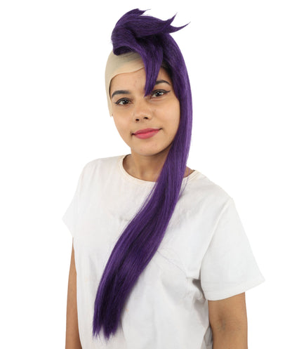 Adult Women’s Extra Long Side-Swept Straight Purple Wig | Animated Character-Inspired Hair with Bald Cap | Ideal for Halloween, Cosplay, and Themed Events