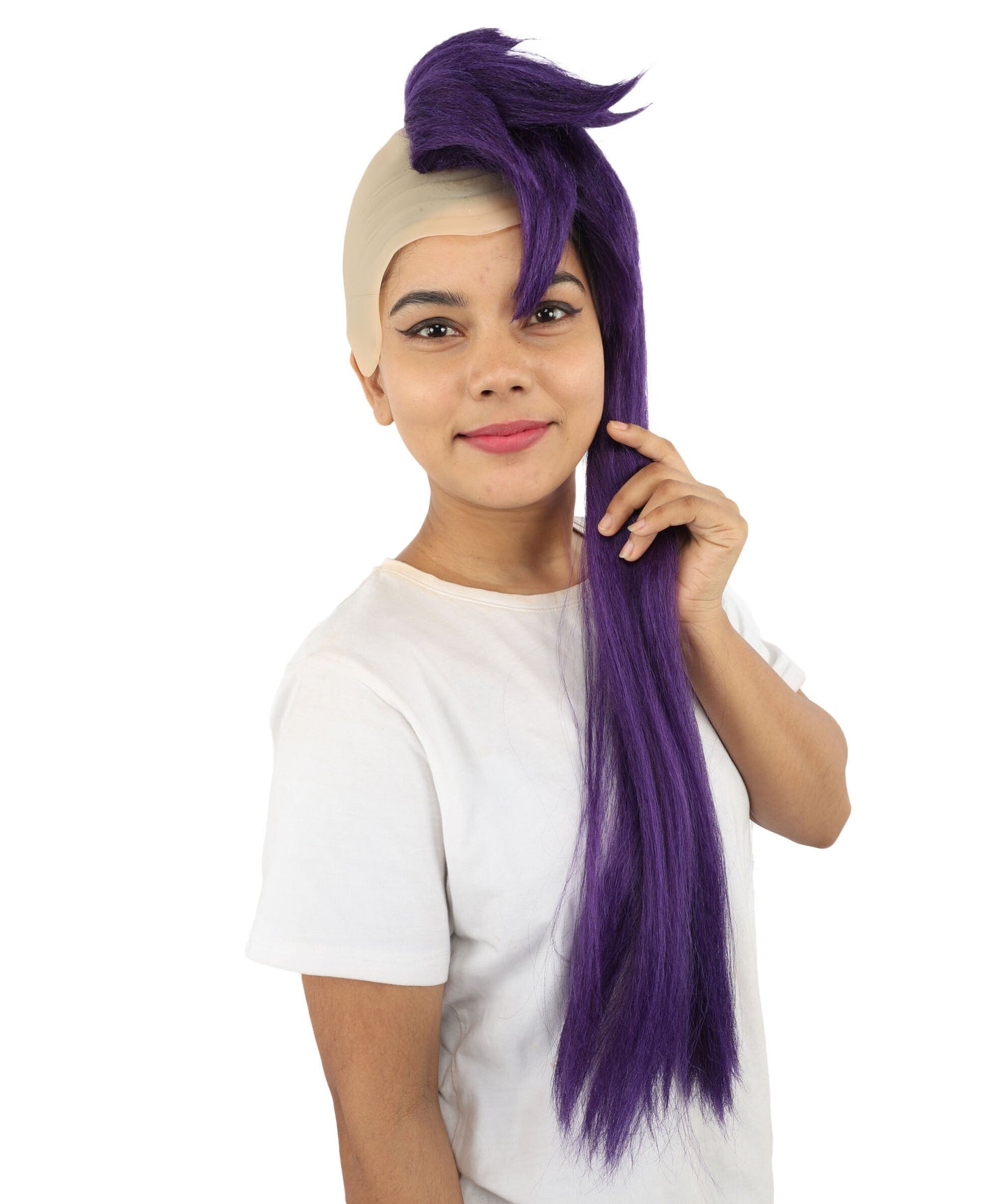Adult Women’s Extra Long Side-Swept Straight Purple Wig | Animated Character-Inspired Hair with Bald Cap | Ideal for Halloween, Cosplay, and Themed Events