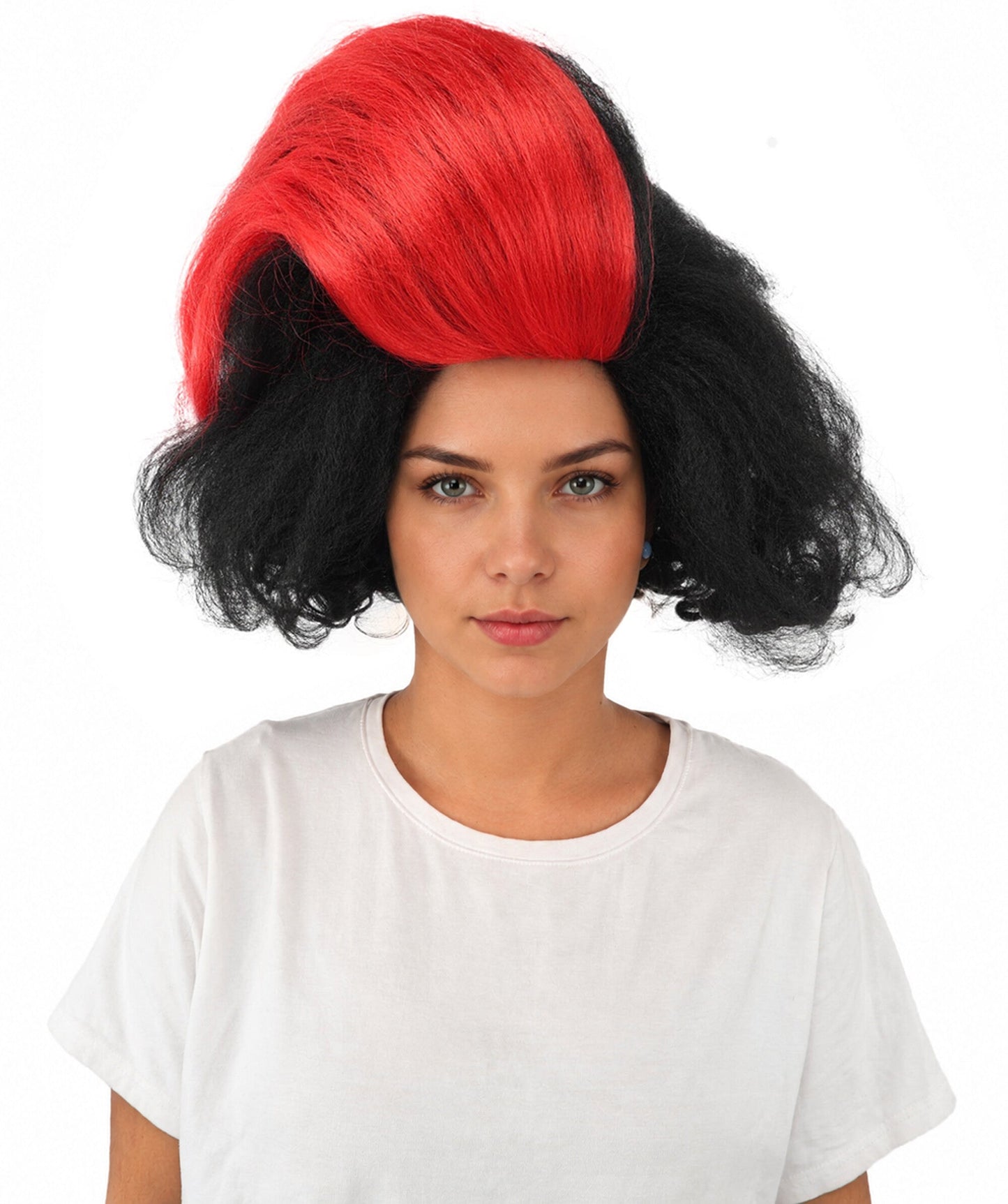 Adult Women’s Long Curly Black & Red Retro Wig | Flame-Retardant Costume Wig with Breathable Cap | Ideal for Halloween, Cosplay & Themed Events