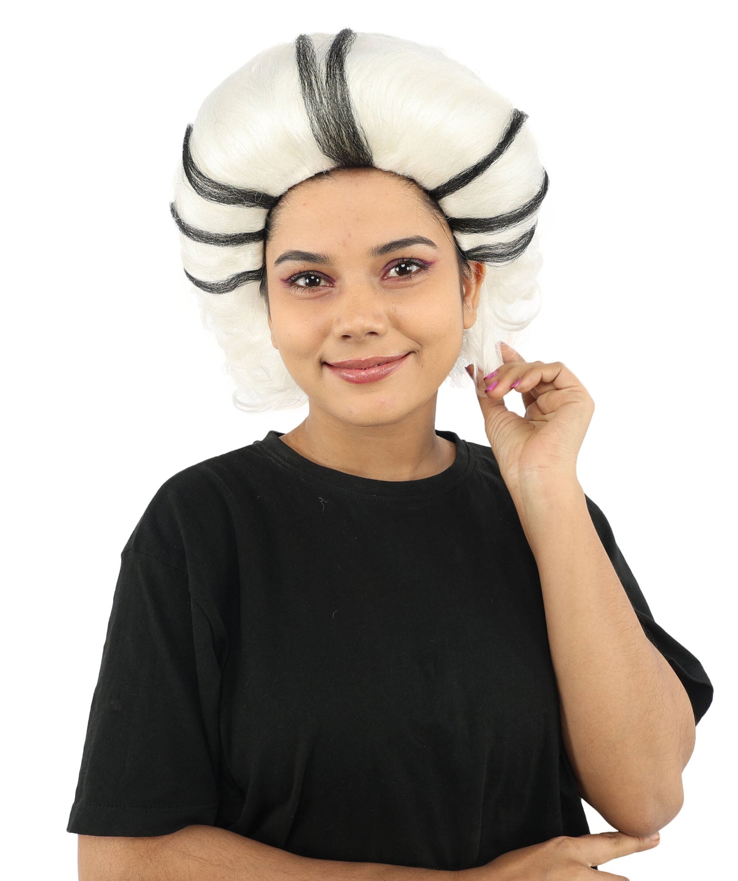 HPO Women’s Black & White Fluffy Fantasy Updo Wig | Voluminous Curly Hair | Ideal for Halloween, Cosplay & Theme Events