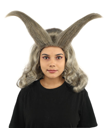 Adult Women’s Light Grey Fantasy Horn Wig | Curved Spike Updo Hairpiece | Ideal for Halloween, Cosplay, and Themed Parties