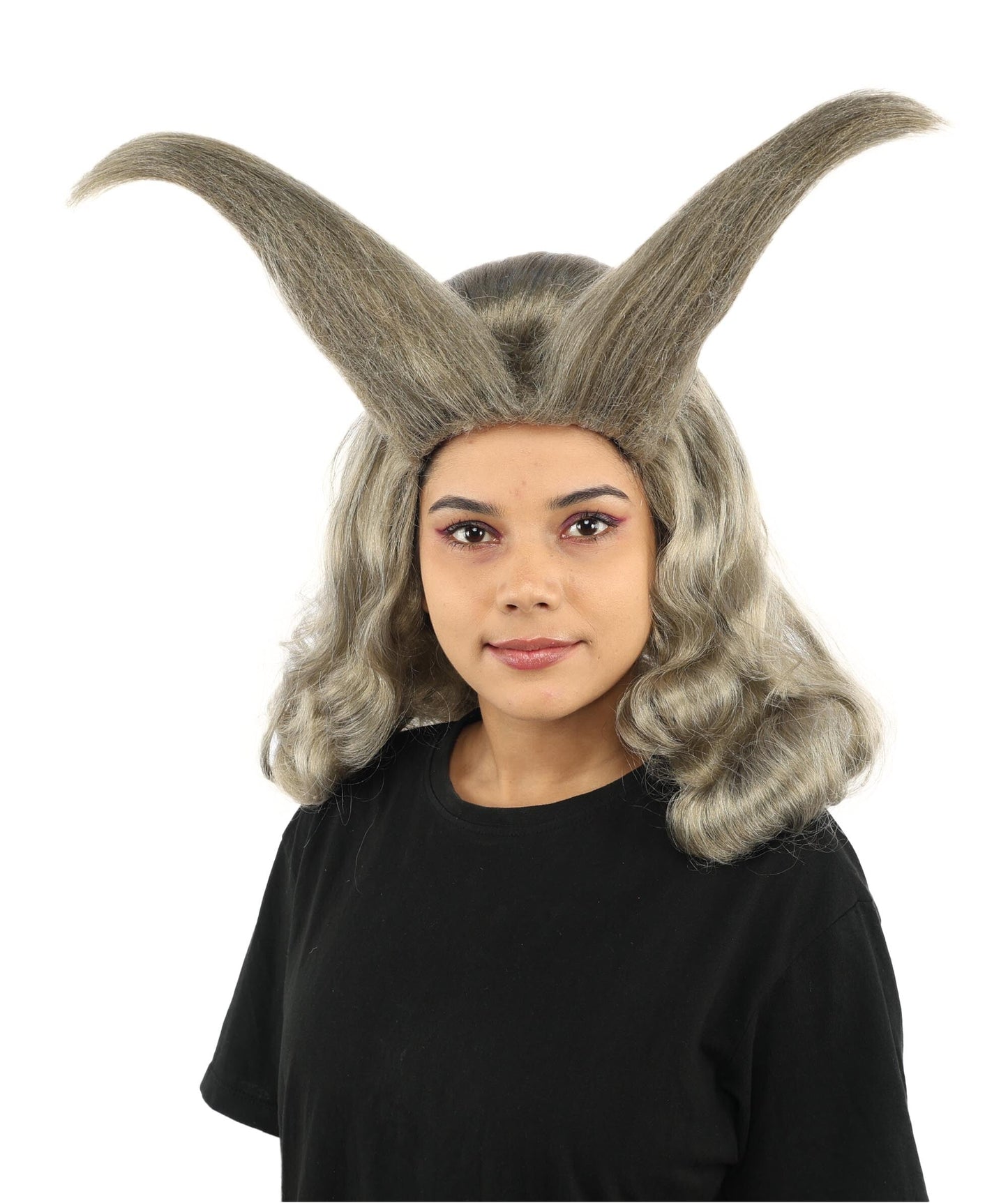 Adult Women’s Light Grey Fantasy Horn Wig | Curved Spike Updo Hairpiece | Ideal for Halloween, Cosplay, and Themed Parties