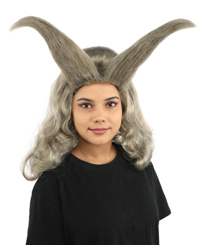 Adult Women’s Light Grey Fantasy Horn Wig | Curved Spike Updo Hairpiece | Ideal for Halloween, Cosplay, and Themed Parties