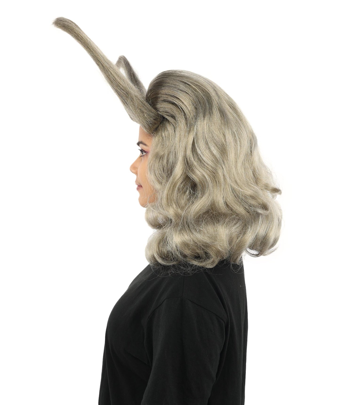 Adult Women’s Light Grey Fantasy Horn Wig | Curved Spike Updo Hairpiece | Ideal for Halloween, Cosplay, and Themed Parties