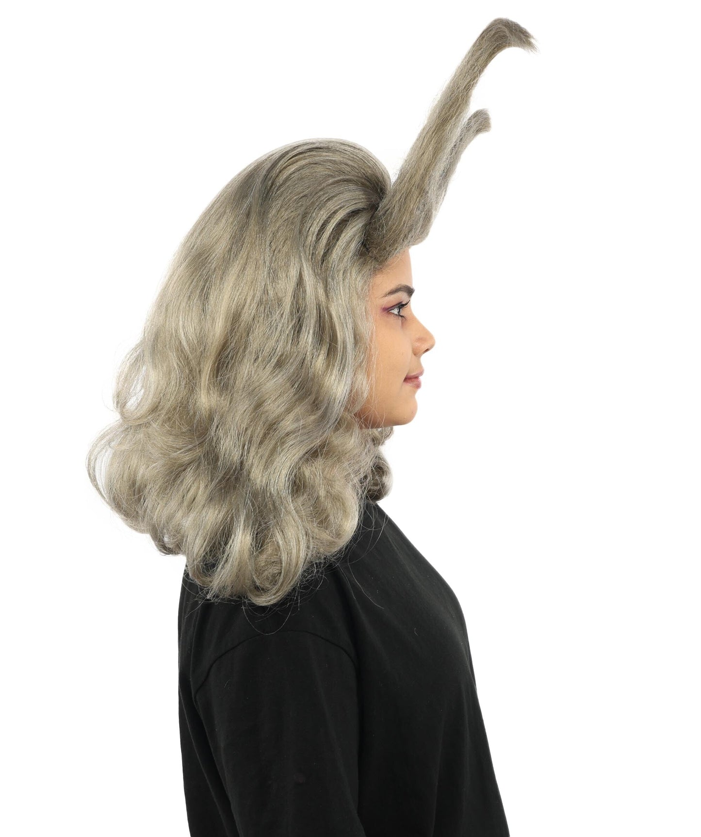 Adult Women’s Light Grey Fantasy Horn Wig | Curved Spike Updo Hairpiece | Ideal for Halloween, Cosplay, and Themed Parties