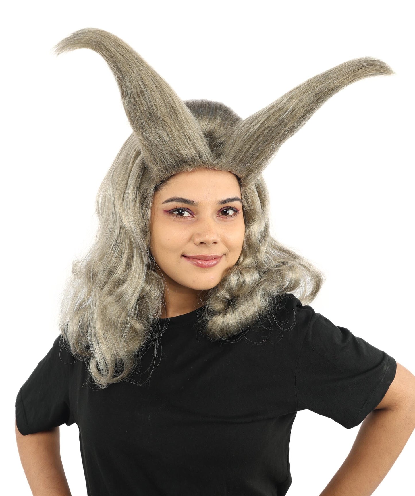 Adult Women’s Light Grey Fantasy Horn Wig | Curved Spike Updo Hairpiece | Ideal for Halloween, Cosplay, and Themed Parties