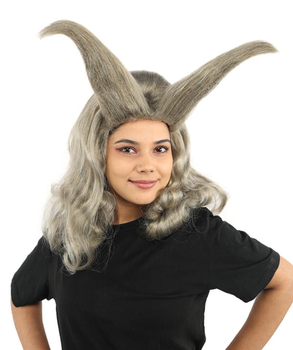 Adult Women’s Light Grey Fantasy Horn Wig | Curved Spike Updo Hairpiece | Ideal for Halloween, Cosplay, and Themed Parties