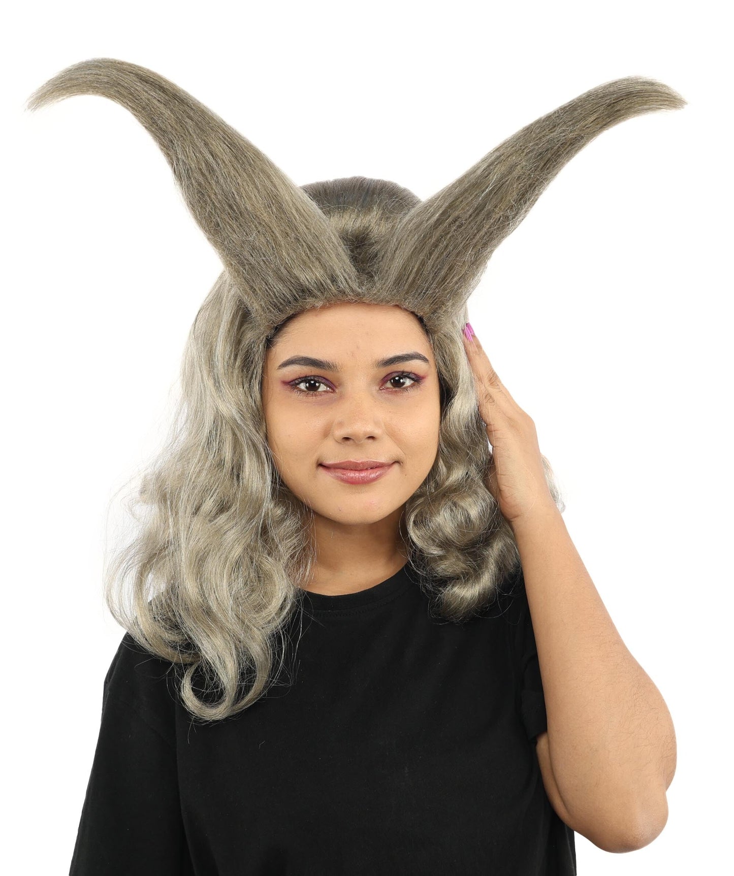 Adult Women’s Light Grey Fantasy Horn Wig | Curved Spike Updo Hairpiece | Ideal for Halloween, Cosplay, and Themed Parties