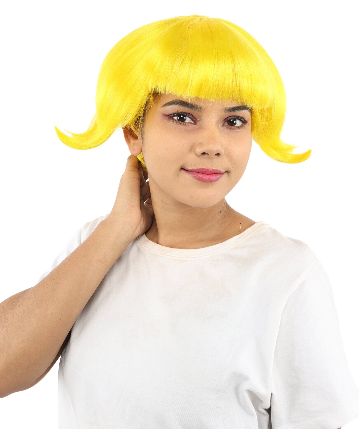 Adult Women’s Short Volume Yellow Wig | Bright Hair with Rounded Retro Style | Capless Design for Halloween, Cosplay & Theme Events