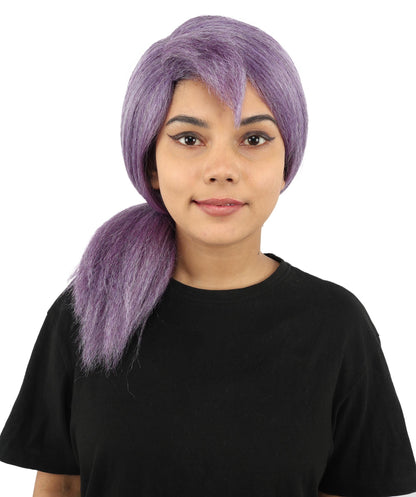 Women's Swept Back Ponytail Wig | Purple synthetic fibers with smooth pulled back styling and capless construction | Essential for theatrical stage drag performance costume events and party