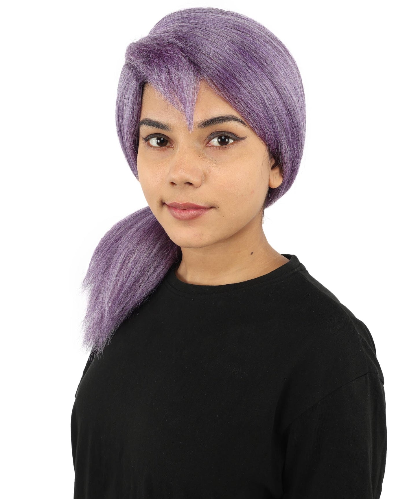 Women's Swept Back Ponytail Wig | Purple synthetic fibers with smooth pulled back styling and capless construction | Essential for theatrical stage drag performance costume events and party