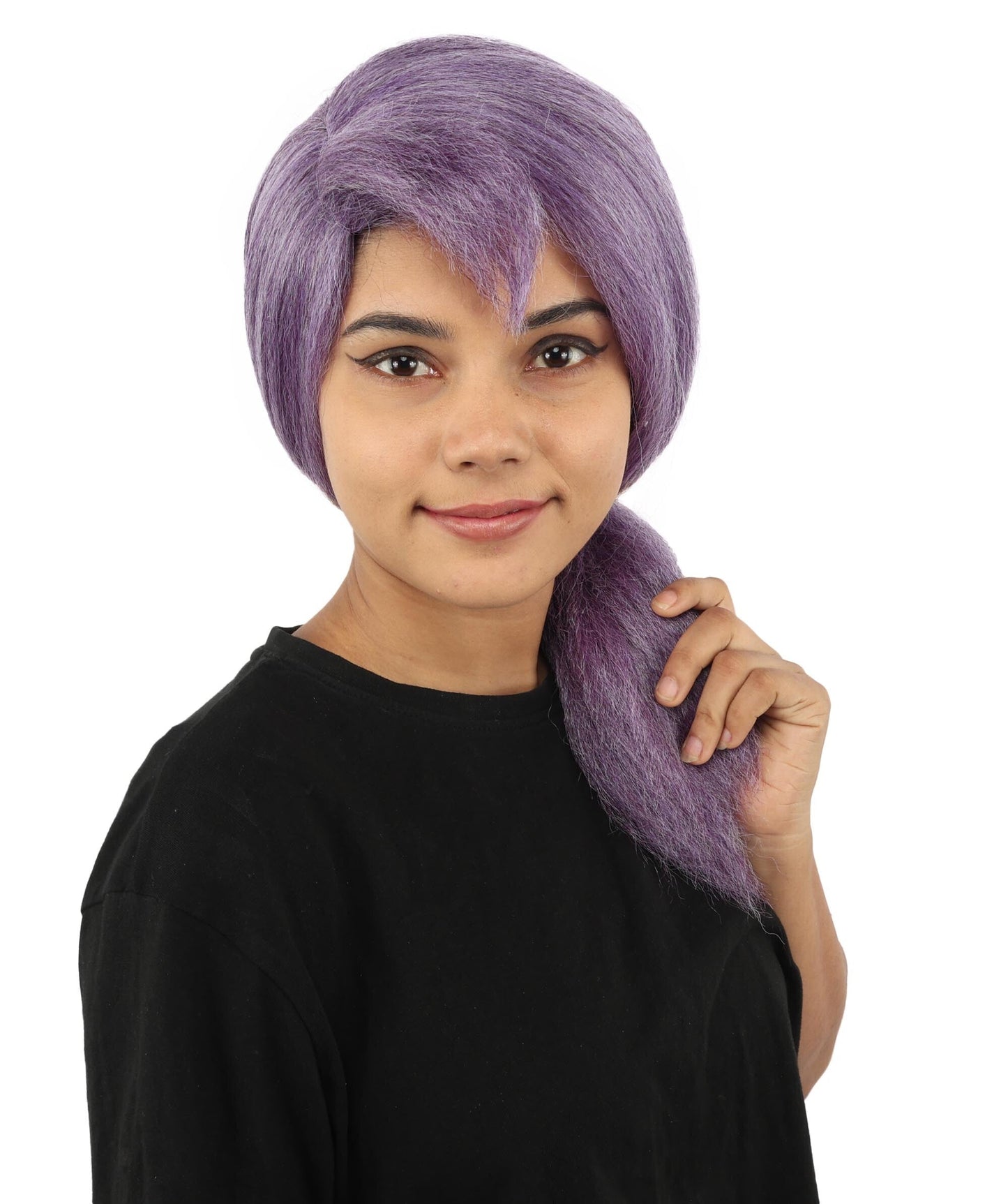 Women's Swept Back Ponytail Wig | Purple synthetic fibers with smooth pulled back styling and capless construction | Essential for theatrical stage drag performance costume events and party
