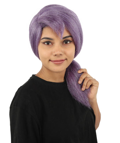 Women's Swept Back Ponytail Wig | Purple synthetic fibers with smooth pulled back styling and capless construction | Essential for theatrical stage drag performance costume events and party