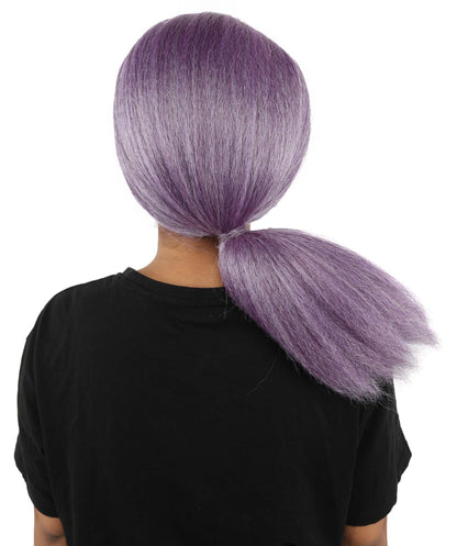 Women's Swept Back Ponytail Wig | Purple synthetic fibers with smooth pulled back styling and capless construction | Essential for theatrical stage drag performance costume events and party